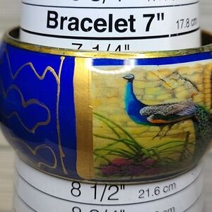 1980s Vintage Gold Enamel Peacock Design Brass Bangle Blue Details 8"